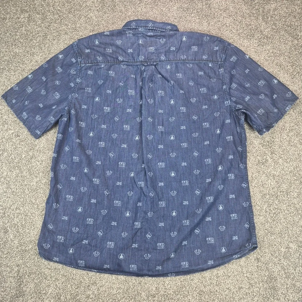 True Religion Button Up Shirt Mens 2XL Blue Cotton Silk Linen Blend Mono Print